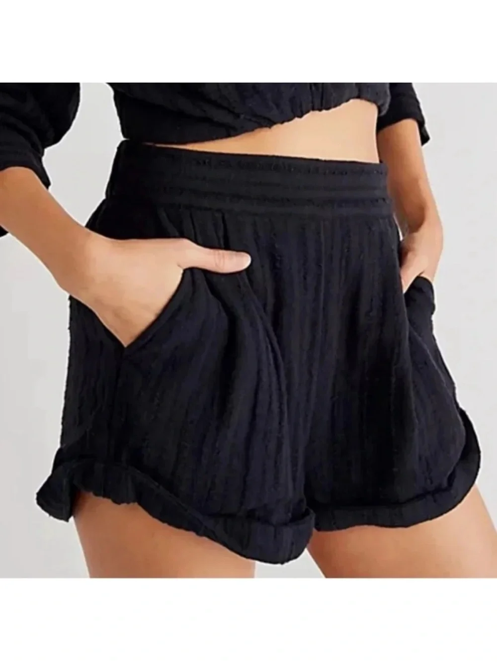 Free People Black Gauzy Elastic Waist Shorts Cuffed Pull On Size Medium